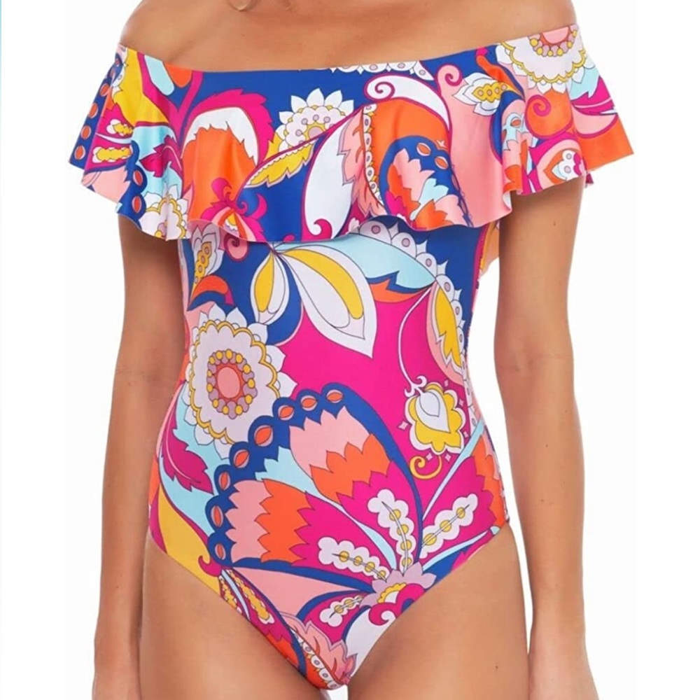 NEW Trina Turk Sevilla Off Shoulder One-Piece Swimsuit, Multi